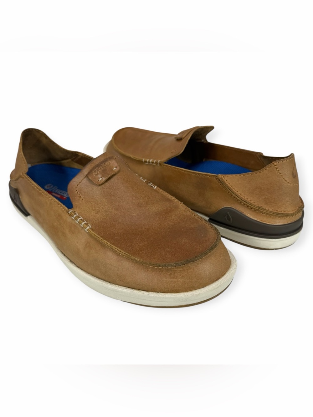 OluKai Kakaha Men’s 10.5 Tan Leather Slip On Loafers Shoes